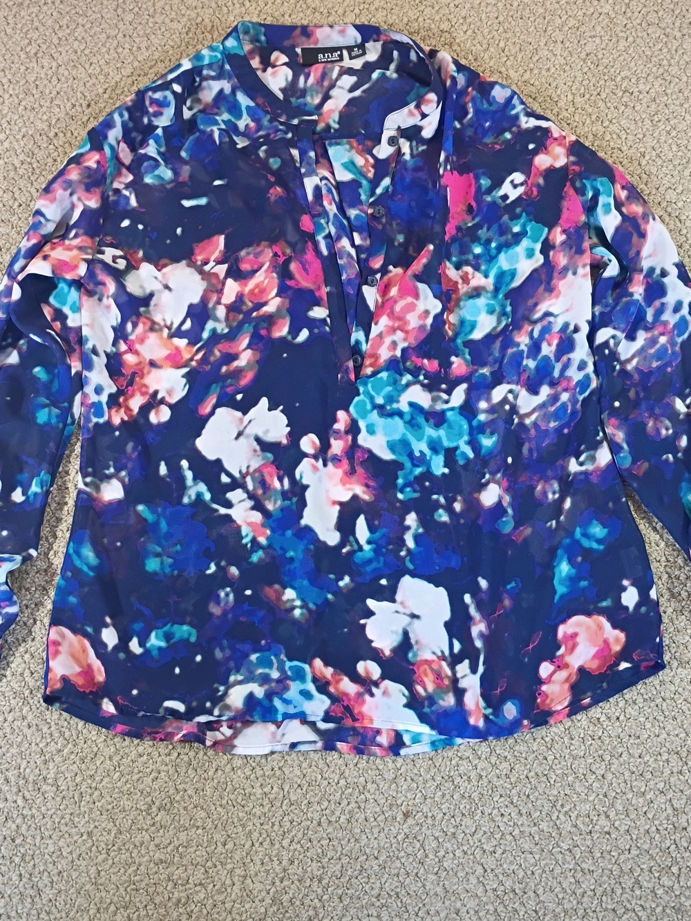 Anna Multicolor Floral-Print Navy M Sheer Blouse